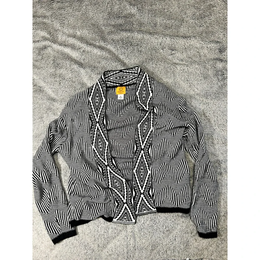 Ruby Rd. Women's Petite PL Black & White Geometric Knit Open Front Cardigan